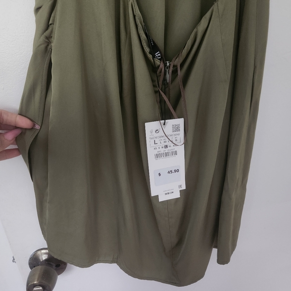 Zara Olive Light Green Satin Deep V Backless Tie-Up Lined Dress NEW - Picture 12 of 13